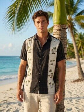Campia Easy Care XXL Short-Sleeve Button-Down with Cream Palm Print Panels